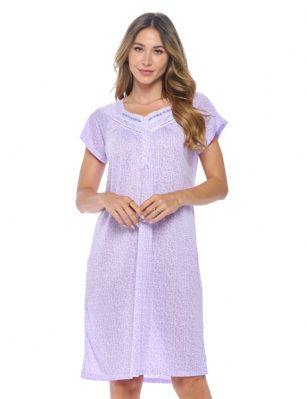 Casual Nights Women's Fancy Lace Floral Short Sleeve Nightgown - Purple - This lightweight and comfortable Short Sleeve Nightgown Sleepdress for ladies from the Casual Nights Loungewear and Sleepwear robes Collection, in beautiful feminine floral pattern design. this easy to wear Pullover Nightdress is made of 55% Cotton/45% Poly fabric, The sleep dress Features: raglan cap sleeves, fancy lace and embroidery detail with satin ribbon at neck, 4 button closure, knee length approx. 38-40"  Shoulder to hem. This lounge wear muumuu dress has a relaxed comfortable fit and comes in regular and plus sizesM, L, XL, 2X, 3X, 4X. All year winter and summer versatile multi uses, wear around the house as relaxed home day waltz dress, a sleepshirt dress, Our sleep robe gowns is perfect to use for maternity, labor/delivery, hospital gown. Makes a perfect Mothers Day gift for your loved ones, mom, older women or elderly grandmother. Even beautiful and comfortable enough for everyday use around the house. Please use our size chart to determine which size will fit you best, if your measurements fall between two sizes, we recommend ordering a larger size as most people prefer their sleepwear a little looser. 