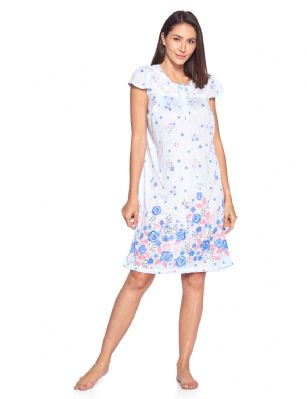 Casual Nights Women's Fancy Lace Floral Short Sleeve Nightgown - Blue - This lightweight and comfortable Short Sleeve Nightgown Sleepdress for ladies from the Casual Nights Loungewear and Sleepwear robes Collection, in beautiful feminine floral & dot print pattern design. this easy to wear Pullover Nightdress is made of 55% Cotton/45% Poly fabric, The sleep dress Features: cap sleeves, fancy lace detail at neck, 5 button closer with satin bow ribbon. knee length approx. 38-40"  Shoulder to hem. This lounge wear muumuu dress has a relaxed comfortable fit and comes in regular and plus sizes S, M, L, XL, 2X, 3X, 4X. All year winter and summer versatile multi uses, wear around the house as relaxed home day waltz dress, a sleepshirt dress, Our sleep robe gowns is perfect to use for maternity, labor/delivery, hospital gown. Makes a perfect Mothers Day gift for your loved ones, mom, older women or elderly grandmother. Even beautiful and comfortable enough for everyday use around the house. Please use our size chart to determine which size will fit you best, if your measurements fall between two sizes, we recommend ordering a larger size as most people prefer their sleepwear a little looser. 
