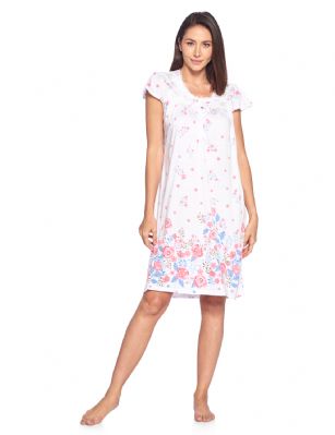 Casual Nights Women's Fancy Lace Floral Short Sleeve Nightgown - Pink - This lightweight and comfortable Short Sleeve Nightgown Sleepdress for ladies from the Casual Nights Loungewear and Sleepwear robes Collection, in beautiful feminine floral & dot print pattern design. this easy to wear Pullover Nightdress is made of 55% Cotton/45% Poly fabric, The sleep dress Features: cap sleeves, fancy lace detail at neck, 5 button closer with satin bow ribbon. knee length approx. 38-40"  Shoulder to hem. This lounge wear muumuu dress has a relaxed comfortable fit and comes in regular and plus sizes S, M, L, XL, 2X, 3X, 4X. All year winter and summer versatile multi uses, wear around the house as relaxed home day waltz dress, a sleepshirt dress, Our sleep robe gowns is perfect to use for maternity, labor/delivery, hospital gown. Makes a perfect Mothers Day gift for your loved ones, mom, older women or elderly grandmother. Even beautiful and comfortable enough for everyday use around the house. Please use our size chart to determine which size will fit you best, if your measurements fall between two sizes, we recommend ordering a larger size as most people prefer their sleepwear a little looser. 