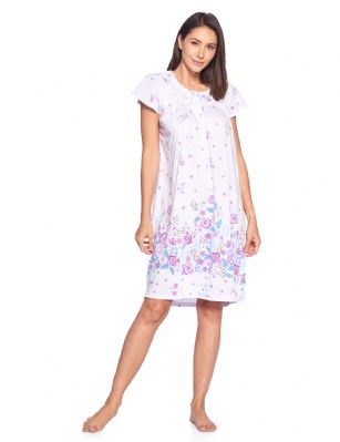 Casual Nights Women's Fancy Lace Floral Short Sleeve Nightgown - Purple - This lightweight and comfortable Short Sleeve Nightgown Sleepdress for ladies from the Casual Nights Loungewear and Sleepwear robes Collection, in beautiful feminine floral & dot print pattern design. this easy to wear Pullover Nightdress is made of 55% Cotton/45% Poly fabric, The sleep dress Features: cap sleeves, fancy lace detail at neck, 5 button closer with satin bow ribbon. knee length approx. 38-40"  Shoulder to hem. This lounge wear muumuu dress has a relaxed comfortable fit and comes in regular and plus sizes S, M, L, XL, 2X, 3X, 4X. All year winter and summer versatile multi uses, wear around the house as relaxed home day waltz dress, a sleepshirt dress, Our sleep robe gowns is perfect to use for maternity, labor/delivery, hospital gown. Makes a perfect Mothers Day gift for your loved ones, mom, older women or elderly grandmother. Even beautiful and comfortable enough for everyday use around the house. Please use our size chart to determine which size will fit you best, if your measurements fall between two sizes, we recommend ordering a larger size as most people prefer their sleepwear a little looser. 