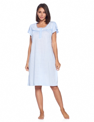 Casual Nights Women's Short Sleeve Polka Dot And Lace Nightgown - Blue - Please use our size chart to determine which size will fit you best, if your measurements fall between two sizes we recommend ordering a larger size as most people prefer their sleepwear a little looser. Medium: Measures US Size 4-6, Chests/Bust 34"-35"Large: Measures US Size 8-10, Chests/Bust 36-37"X-Large: Measures US Size 12-14, Chests/Bust 39-41"XX-Large: Measures US Size 16-18, Chests/Bust 41.5-43"This knitted Short Sleeve Nightgown sleepwear from Casual Nights is Soft and lightweight in a feminine polka dot pattern, Sleep dress Features 5 Button closure, short cap sleeves, detailed with lace, checked ribbon and trimming for an extra fancy touch. Gown measures 40" from shoulder to hem. A comfortable fit perfect for sleeping or lounge around as a house-dress. Beautiful enough for special occasions, yet comfortable enough for every day. 