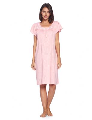 Casual Nights Women's Short Sleeve Polka Dot And Lace Nightgown - Peach - Please use our size chart to determine which size will fit you best, if your measurements fall between two sizes we recommend ordering a larger size as most people prefer their sleepwear a little looser. Medium: Measures US Size 4-6, Chests/Bust 34"-35"Large: Measures US Size 8-10, Chests/Bust 36-37"X-Large: Measures US Size 12-14, Chests/Bust 39-41"XX-Large: Measures US Size 16-18, Chests/Bust 41.5-43"This knitted Short Sleeve Nightgown sleepwear from Casual Nights is Soft and lightweight in a feminine polka dot pattern, Sleep dress Features 5 Button closure, short cap sleeves, detailed with lace, checked ribbon and trimming for an extra fancy touch. Gown measures 40" from shoulder to hem. A comfortable fit perfect for sleeping or lounge around as a house-dress. Beautiful enough for special occasions, yet comfortable enough for every day. 