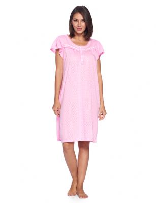 Casual Nights Women's Short Sleeve Polka Dot And Lace Nightgown - Pink - Please use our size chart to determine which size will fit you best, if your measurements fall between two sizes we recommend ordering a larger size as most people prefer their sleepwear a little looser. Medium: Measures US Size 4-6, Chests/Bust 34"-35"Large: Measures US Size 8-10, Chests/Bust 36-37"X-Large: Measures US Size 12-14, Chests/Bust 39-41"XX-Large: Measures US Size 16-18, Chests/Bust 41.5-43"This knitted Short Sleeve Nightgown sleepwear from Casual Nights is Soft and lightweight in a feminine polka dot pattern, Sleep dress Features 5 Button closure, short cap sleeves, detailed with lace, checked ribbon and trimming for an extra fancy touch. Gown measures 40" from shoulder to hem. A comfortable fit perfect for sleeping or lounge around as a house-dress. Beautiful enough for special occasions, yet comfortable enough for every day. 