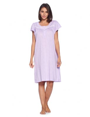 Casual Nights Women's Short Sleeve Polka Dot And Lace Nightgown - Purple - Please use our size chart to determine which size will fit you best, if your measurements fall between two sizes we recommend ordering a larger size as most people prefer their sleepwear a little looser. Medium: Measures US Size 4-6, Chests/Bust 34"-35"Large: Measures US Size 8-10, Chests/Bust 36-37"X-Large: Measures US Size 12-14, Chests/Bust 39-41"XX-Large: Measures US Size 16-18, Chests/Bust 41.5-43"This knitted Short Sleeve Nightgown sleepwear from Casual Nights is Soft and lightweight in a feminine polka dot pattern, Sleep dress Features 5 Button closure, short cap sleeves, detailed with lace, checked ribbon and trimming for an extra fancy touch. Gown measures 40" from shoulder to hem. A comfortable fit perfect for sleeping or lounge around as a house-dress. Beautiful enough for special occasions, yet comfortable enough for every day. 