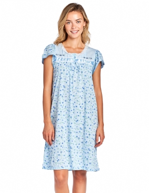 Casual Nights Women's Short Sleeve Floral Embroidered Nightgown- Blue - Please use this size chart to determine which size will fit you best, if your measurements fall between two sizes we recommend ordering a larger size as most people prefer their sleepwear a little looser.  Small: Measures US Size 2-4, Chests/Bust 33"-34"  Medium: Measures US Size 68, Chests/Bust 35-36"  Large: Measures US Size 10-12, Chests/Bust 37-39"  X-Large: Measures US Size 14-16, Chests/Bust 39.5-41"  XX-Large: Measures US Size 16-18, Chests/Bust 41.5-43"  3X-Large: Measures US Size 18-20, Chests/Bust 43.5-45"  4X-Large: Measures US Size 20-22, Chests/Bust 45.5-47"  Hit the sack in total comfort with this Soft and lightweight Knitted Nightgown From Casual Nights in a fun floral pattern, Features 2 Button closure, cap sleeves, detailed with lace, Satin Ribbon and Embroidery for an extra feminine touch. A comfortable fit perfect for sleeping or lounging around as a housedress.