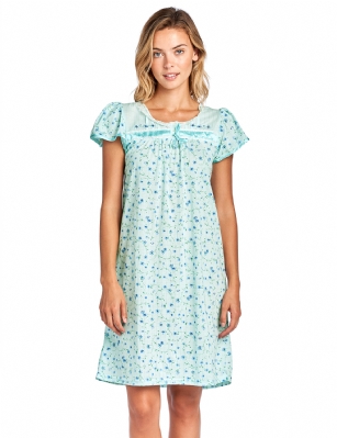 Casual Nights Women's Short Sleeve Floral Embroidered Nightgown- Green - Please use this size chart to determine which size will fit you best, if your measurements fall between two sizes we recommend ordering a larger size as most people prefer their sleepwear a little looser.  Small: Measures US Size 2-4, Chests/Bust 33"-34"  Medium: Measures US Size 68, Chests/Bust 35-36"  Large: Measures US Size 10-12, Chests/Bust 37-39"  X-Large: Measures US Size 14-16, Chests/Bust 39.5-41"  XX-Large: Measures US Size 16-18, Chests/Bust 41.5-43"  3X-Large: Measures US Size 18-20, Chests/Bust 43.5-45"  4X-Large: Measures US Size 20-22, Chests/Bust 45.5-47"  Hit the sack in total comfort with this Soft and lightweight Knitted Nightgown From Casual Nights in a fun floral pattern, Features 2 Button closure, cap sleeves, detailed with lace, Satin Ribbon and Embroidery for an extra feminine touch. A comfortable fit perfect for sleeping or lounging around as a housedress.
