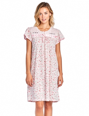 Casual Nights Women's Short Sleeve Floral Embroidered Nightgown- Pink - Please use this size chart to determine which size will fit you best, if your measurements fall between two sizes we recommend ordering a larger size as most people prefer their sleepwear a little looser.  Small: Measures US Size 2-4, Chests/Bust 33"-34"  Medium: Measures US Size 68, Chests/Bust 35-36"  Large: Measures US Size 10-12, Chests/Bust 37-39"  X-Large: Measures US Size 14-16, Chests/Bust 39.5-41"  XX-Large: Measures US Size 16-18, Chests/Bust 41.5-43"  3X-Large: Measures US Size 18-20, Chests/Bust 43.5-45"  4X-Large: Measures US Size 20-22, Chests/Bust 45.5-47"  Hit the sack in total comfort with this Soft and lightweight Knitted Nightgown From Casual Nights in a fun floral pattern, Features 2 Button closure, cap sleeves, detailed with lace, Satin Ribbon and Embroidery for an extra feminine touch. A comfortable fit perfect for sleeping or lounging around as a housedress.