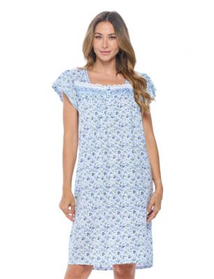 Casual Nights Women's Cap Sleeves Embroidered  Floral Lace Night Gown- Blue - Hit the sack in total comfort with this Soft and lightweight knitted Short Sleeve Nightgown sleepwear from Casual Nights, exceptionally lightweight Short Gown made from cotton poly blend smooth to the touch fabric. Nightgowns features; 2-5 Button Closure, Short cap sleeves, detailed with lace, Satin Ribbon for an extra fancy touch. Measures 39" inches makes this lounger easy to wear. A comfortable fit style house dress, sleeping, relax in or lounge around the house as a duster. Beautiful enough for special occasions, yet comfortable enough for every day. It makes a great Mothers Day, Holiday Gift for any woman! She will sure love it!Please use our size chart to determine which size will fit you best, if your measurements fall between two sizes we recommend ordering a larger size as most people prefer their sleepwear a little looser. Small: Measures US Size 2-4, Chests/Bust 33"-34"  Medium: Measures US Size 68, Chests/Bust 35-36"  Large: Measures US Size 10-12, Chests/Bust 37-39"  X-Large: Measures US Size 14-16, Chests/Bust 39.5-41"  XX-Large: Measures US Size 16-18, Chests/Bust 41.5-43"  3X-Large: Measures US Size 18-20, Chests/Bust 43.5-45"  4X-Large: Measures US Size 20-22, Chests/Bust 45.5-47"  Hit the sack in total comfort with this Soft and lightweight knitted Short Sleeve Nightgown sleepwear from Casual Nights is Soft and lightweight in a feminine floral pattern, Sleep dress Features 2 to 5 Button closure, short cap sleeves, detailed with lace, Satin Ribbon for an extra fancy touch. Gown measures 40 from shoulder to hem. A comfortable fit perfect for sleeping or lounge around as a house-dress. Beautiful enough for special occasions, yet comfortable enough for every day.
