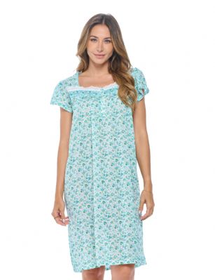 Casual Nights Women's Cap Sleeves Embroidered  Floral Lace Night Gown - Green - Hit the sack in total comfort with this Soft and lightweight knitted Short Sleeve Nightgown sleepwear from Casual Nights, exceptionally lightweight Short Gown made from cotton poly blend smooth to the touch fabric. Nightgowns features; 2-5 Button Closure, Short cap sleeves, detailed with lace, Satin Ribbon for an extra fancy touch. Measures 39" inches makes this lounger easy to wear. A comfortable fit style house dress, sleeping, relax in or lounge around the house as a duster. Beautiful enough for special occasions, yet comfortable enough for every day. It makes a great Mothers Day, Holiday Gift for any woman! She will sure love it!Please use our size chart to determine which size will fit you best, if your measurements fall between two sizes we recommend ordering a larger size as most people prefer their sleepwear a little looser. Small: Measures US Size 2-4, Chests/Bust 33"-34"  Medium: Measures US Size 68, Chests/Bust 35-36"  Large: Measures US Size 10-12, Chests/Bust 37-39"  X-Large: Measures US Size 14-16, Chests/Bust 39.5-41"  XX-Large: Measures US Size 16-18, Chests/Bust 41.5-43"  3X-Large: Measures US Size 18-20, Chests/Bust 43.5-45"  4X-Large: Measures US Size 20-22, Chests/Bust 45.5-47"  Hit the sack in total comfort with this Soft and lightweight knitted Short Sleeve Nightgown sleepwear from Casual Nights is Soft and lightweight in a feminine floral pattern, Sleep dress Features 2 to 5 Button closure, short cap sleeves, detailed with lace, Satin Ribbon for an extra fancy touch. Gown measures 40 from shoulder to hem. A comfortable fit perfect for sleeping or lounge around as a house-dress. Beautiful enough for special occasions, yet comfortable enough for every day.