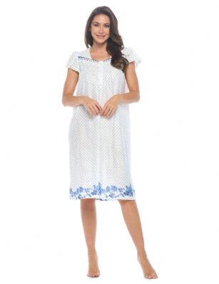Casual Nights Women's Botanic Lace Short Sleeve Nightgown - Dot/Blue - Size recommendation: Size Medium (4-6) Large (8-10) X-Large (12-14) XX-Large (16-18), Order one size up For a more Relaxed FitHit the sack in total comfort with this Soft and lightweight KnitNightgownin a funfloralpattern. Nightshirt features:5 Button closure, square neck, short sleeves,detailed with lace and Smocking for an extra feminine touch. Approximately 40" from shoulder to hem.A comfortable fit perfect for sleeping or lounging around.