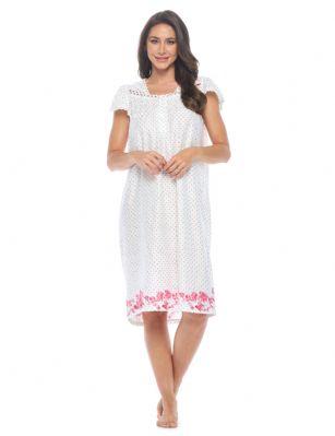 Casual Nights Women's Botanic Lace Short Sleeve Nightgown - Dot/Pink - Size recommendation: Size Medium (4-6) Large (8-10) X-Large (12-14) XX-Large (16-18), Order one size up For a more Relaxed FitHit the sack in total comfort with this Soft and lightweight KnitNightgownin a funfloralpattern. Nightshirt features:5 Button closure, square neck, short sleeves,detailed with lace and Smocking for an extra feminine touch. Approximately 40" from shoulder to hem.A comfortable fit perfect for sleeping or lounging around.