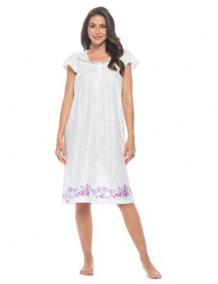 Casual Nights Women's Botanic Lace Short Sleeve Nightgown - Dot/Purple - Size recommendation: Size Medium (4-6) Large (8-10) X-Large (12-14) XX-Large (16-18), Order one size up For a more Relaxed FitHit the sack in total comfort with this Soft and lightweight KnitNightgownin a funfloralpattern. Nightshirt features:5 Button closure, square neck, short sleeves,detailed with lace and Smocking for an extra feminine touch. Approximately 40" from shoulder to hem.A comfortable fit perfect for sleeping or lounging around.