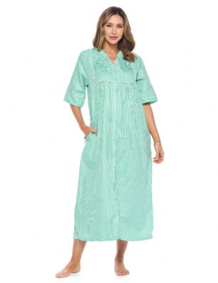Casual Nights Women's Zip Front Seersucker House Dress 3/4 Sleeves Housecoat Long Duster Lounger - Striped Mint - This lightweight Cute and comfortable Long House coat with full Zipper front closure dress Duster for ladies from the Casual Nights Lounge and Sleepwear robes Collection, Thin and light house robe, in Beautiful striped pattern designs. this easy to wear dress bathrobe is made of 55% Cotton, 45% Poly seersucker fabric, perfect for spring, summer, and all year-round use! The sleep Housedress Features: elbow sleeve gown with zip up, zip down front closure for easy wearing and easy slipping on/off, flattering round crew scoop neck with embroidery, 2 roomy side seem hand pockets, Midi Long length approx. 50 Shoulder to hem. This lounge wear muumuu dress has a relaxed comfortable fit and comes in regular and plus sizes S, M, L, XL, 2X, 3X, 4X. versatile multi uses, throw over your clothes as house robe while cleaning, washing and cooking, wear around the house as relaxed home day waltz dress, a nightgown to sleep in the spring and hot summer nights as a sleepshirt dress, This sleep robe gown is perfect to use for maternity, labor/delivery, hospital gown. Makes a perfect Mothers Day gift for your loved ones, mom, older women or elderly grandmother. Even beautiful enough for outside shopping and walking, comfortable enough for everyday use around the house. Please use our size chart to determine which size will fit you best, if your measurements fall between two sizes, we recommend ordering a larger size as most people prefer their sleepwear a little looser. Small: Measures US Size 4-6, Chests/Bust 34"-35" Medium: Measures US Size 8-10, Chests/Bust 36"-37" Large: Measures US Size 1214, Chests/Bust 38"-40" X-Large: Measures US Size 16-18, Chests/Bust 41"-43" XX-Large: Measures US Size 18W-20W, Chests/Bust 46-48" 3X-Large: Measures US Size 22W-24W, Chests/Bust 50-52" 4X-Large: Measures US Size 26-28, Chests/Bust 54-56" 