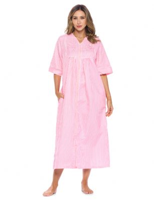 Casual Nights Women's Zip Front Seersucker House Dress 3/4 Sleeves Housecoat Long Duster Lounger - Striped Pink - This lightweight Cute and comfortable Long House coat with full Zipper front closure dress Duster for ladies from the Casual Nights Lounge and Sleepwear robes Collection, Thin and light house robe, in Beautiful striped pattern designs. this easy to wear dress bathrobe is made of 55% Cotton, 45% Poly seersucker fabric, perfect for spring, summer, and all year-round use! The sleep Housedress Features: elbow sleeve gown with zip up, zip down front closure for easy wearing and easy slipping on/off, flattering round crew scoop neck with embroidery, 2 roomy side seem hand pockets, Midi Long length approx. 50 Shoulder to hem. This lounge wear muumuu dress has a relaxed comfortable fit and comes in regular and plus sizes S, M, L, XL, 2X, 3X, 4X. versatile multi uses, throw over your clothes as house robe while cleaning, washing and cooking, wear around the house as relaxed home day waltz dress, a nightgown to sleep in the spring and hot summer nights as a sleepshirt dress, This sleep robe gown is perfect to use for maternity, labor/delivery, hospital gown. Makes a perfect Mothers Day gift for your loved ones, mom, older women or elderly grandmother. Even beautiful enough for outside shopping and walking, comfortable enough for everyday use around the house. Please use our size chart to determine which size will fit you best, if your measurements fall between two sizes, we recommend ordering a larger size as most people prefer their sleepwear a little looser. Small: Measures US Size 4-6, Chests/Bust 34"-35" Medium: Measures US Size 8-10, Chests/Bust 36"-37" Large: Measures US Size 1214, Chests/Bust 38"-40" X-Large: Measures US Size 16-18, Chests/Bust 41"-43" XX-Large: Measures US Size 18W-20W, Chests/Bust 46-48" 3X-Large: Measures US Size 22W-24W, Chests/Bust 50-52" 4X-Large: Measures US Size 26-28, Chests/Bust 54-56" 