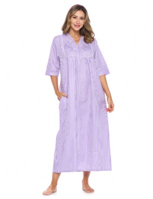 Casual Nights Women's Zip Front Seersucker House Dress 3/4 Sleeves  Housecoat Long Duster Lounger - Striped Purple LA2023PR