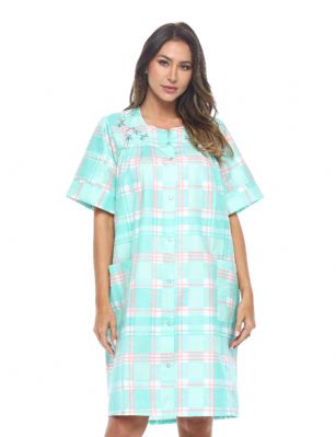 Casual Nights Women's Snap Front House Dress Short Sleeve Seersucker Duster Housecoat Lounger - Plaid Mint - This lightweight Cute and comfortable House coat with Snaps down front closure Duster for ladies from the Casual Nights Loungewear and Sleepwear robes Collection, Thin and light house robe, in Beautiful Gingham print pattern designs. this easy to wear dresscoat bathrobe is made of 15% Cotton, 85% Poly , perfect for spring and summer! The sleep Housedress Features: short sleeves gown with full Snaps front closure for easy wearing and easy slipping on/off, flattering round crew scoop neck with front white yoke, 2 roomy side seam hand pockets, knee length approx. 40 Shoulder to hem. This lounge wear muumuu dress has a relaxed comfortable fit and comes in regular and plus sizes S, M, L, XL, 2X, 3X, 4X. All year winter and summer versatile multi uses, throw over your clothes as house robe while cleaning, washing and cooking, wear around the house as relaxed home day waltz dress, a nightgown to sleep in the spring and hot summer nights as a sleepshirt dress, This sleep robe gown is perfect to use for maternity, labor/delivery, hospital gown. Makes a perfect Mothers Day gift for your loved ones, mom, older women or elderly grandmother. Even beautiful enough for outside shopping and walking, comfortable enough for everyday use around the house. Please use our size chart to determine which size will fit you best, if your measurements fall between two sizes, we recommend ordering a larger size as most people prefer their sleepwear a little looser. Small: Measures US Size 4-6, Chests/Bust 34"-35" Medium: Measures US Size 8-10, Chests/Bust 36"-37" Large: Measures US Size 1214, Chests/Bust 38"-40" X-Large: Measures US Size 16-18, Chests/Bust 41"-43" XX-Large: Measures US Size 18W-20W, Chests/Bust 46-48" 3X-Large: Measures US Size 22W-24W, Chests/Bust 50-52" 4X-Large: Measures US Size 26-28, Chests/Bust 54-56" 