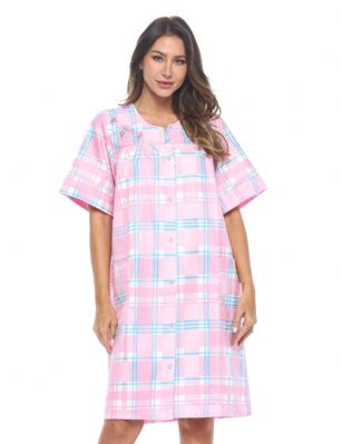 Casual Nights Women's Snap Front House Dress Short Sleeve Seersucker Duster Housecoat Lounger - Plaid Pink - This lightweight Cute and comfortable House coat with Snaps down front closure Duster for ladies from the Casual Nights Loungewear and Sleepwear robes Collection, Thin and light house robe, in Beautiful Gingham print pattern designs. this easy to wear dresscoat bathrobe is made of 15% Cotton, 85% Poly , perfect for spring and summer! The sleep Housedress Features: short sleeves gown with full Snaps front closure for easy wearing and easy slipping on/off, flattering round crew scoop neck with front white yoke, 2 roomy side seam hand pockets, knee length approx. 40 Shoulder to hem. This lounge wear muumuu dress has a relaxed comfortable fit and comes in regular and plus sizes S, M, L, XL, 2X, 3X, 4X. All year winter and summer versatile multi uses, throw over your clothes as house robe while cleaning, washing and cooking, wear around the house as relaxed home day waltz dress, a nightgown to sleep in the spring and hot summer nights as a sleepshirt dress, This sleep robe gown is perfect to use for maternity, labor/delivery, hospital gown. Makes a perfect Mothers Day gift for your loved ones, mom, older women or elderly grandmother. Even beautiful enough for outside shopping and walking, comfortable enough for everyday use around the house. Please use our size chart to determine which size will fit you best, if your measurements fall between two sizes, we recommend ordering a larger size as most people prefer their sleepwear a little looser. Small: Measures US Size 4-6, Chests/Bust 34"-35" Medium: Measures US Size 8-10, Chests/Bust 36"-37" Large: Measures US Size 1214, Chests/Bust 38"-40" X-Large: Measures US Size 16-18, Chests/Bust 41"-43" XX-Large: Measures US Size 18W-20W, Chests/Bust 46-48" 3X-Large: Measures US Size 22W-24W, Chests/Bust 50-52" 4X-Large: Measures US Size 26-28, Chests/Bust 54-56" 