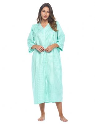 Casual Nights Women's Zip Front Seersucker House Dress 3/4 Sleeves Housecoat Long Duster Lounger - Gingham Green - This lightweight Cute and comfortable Long House coat with full Zipper front closure dress Duster for ladies from the Casual Nights Lounge and Sleepwear robes Collection, Thin and light house robe, in Beautiful striped pattern designs. this easy to wear dress bathrobe is made of 55% Cotton, 45% Poly seersucker fabric, perfect for spring, summer, and all year-round use! The sleep Housedress Features: elbow sleeve gown with zip up, zip down front closure for easy wearing and easy slipping on/off, flattering round crew scoop neck with embroidery, 2 roomy side seem hand pockets, Midi Long length approx. 50 Shoulder to hem. This lounge wear muumuu dress has a relaxed comfortable fit and comes in regular and plus sizes S, M, L, XL, 2X, 3X, 4X. versatile multi uses, throw over your clothes as house robe while cleaning, washing and cooking, wear around the house as relaxed home day waltz dress, a nightgown to sleep in the spring and hot summer nights as a sleepshirt dress, This sleep robe gown is perfect to use for maternity, labor/delivery, hospital gown. Makes a perfect Mothers Day gift for your loved ones, mom, older women or elderly grandmother. Even beautiful enough for outside shopping and walking, comfortable enough for everyday use around the house. Please use our size chart to determine which size will fit you best, if your measurements fall between two sizes, we recommend ordering a larger size as most people prefer their sleepwear a little looser. Small: Measures US Size 4-6, Chests/Bust 34"-35" Medium: Measures US Size 8-10, Chests/Bust 36"-37" Large: Measures US Size 1214, Chests/Bust 38"-40" X-Large: Measures US Size 16-18, Chests/Bust 41"-43" XX-Large: Measures US Size 18W-20W, Chests/Bust 46-48" 3X-Large: Measures US Size 22W-24W, Chests/Bust 50-52" 4X-Large: Measures US Size 26-28, Chests/Bust 54-56" 