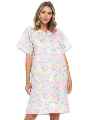 Casual Nights Women's Floral Woven Snap-Front Lounger House Dress - Yellow/Pink Floral - This fresh and Feminine Short Sleeve Housecoat Duster from Casual Nights Lounge and Sleepwear Collection, designed in floral pattern. House-dress Features: 60% Cotton, 40% Polyester Woven constructions, V-neckline, colored piping detail, 2 handy pockets, hits above the knee approx. 38 length, easy snap front closure sets this muumuu lounger apart from the rest, A comfortable fit to throw over your clothes while cleaning and cooking, wear around the house as day dress or to sleep in. Beautiful enough for special occasions, yet comfortable enough for every day. 
