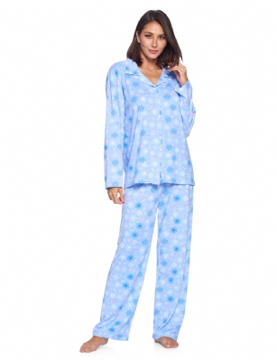 Casual Nights Women's Long Sleeve Rayon Button Down Pajama Set - Blue Snowflakes - Please use our size chart to determine which size will fit you best, if your measurements fall between two sizes we recommend ordering a larger size as most people prefer their sleepwear a little looser.Medium: Measures US Size 8-10, Chests/Bust 36-38" Large: Measures US Size 12-14, Chests/Bust 38.5-40" X-Large: Measures US Size 16-18, Chests/Bust 41.5-42" XX-Large: Measures US Size 18-20, Chests/Bust 43-45"Soft and lightweight Rayon Knit Pajamas in a fun prints and patterns, coziest pajamas you'll ever own. Features Button down closure with notch collar, matching easy pull on pajama pants with elastic waistband for added comfort, These pjs offer comfortable straight fit perfect for sleeping or curling up on the couch to watch a movie.