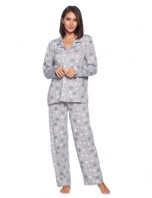 Casual Nights Women's Long Sleeve Rayon Button Down Pajama Set - Grey Snowflakes - Please use our size chart to determine which size will fit you best, if your measurements fall between two sizes we recommend ordering a larger size as most people prefer their sleepwear a little looser.Medium: Measures US Size 8-10, Chests/Bust 36-38" Large: Measures US Size 12-14, Chests/Bust 38.5-40" X-Large: Measures US Size 16-18, Chests/Bust 41.5-42" XX-Large: Measures US Size 18-20, Chests/Bust 43-45"Soft and lightweight Rayon Knit Pajamas in a fun prints and patterns, coziest pajamas you'll ever own. Features Button down closure with notch collar, matching easy pull on pajama pants with elastic waistband for added comfort, These pjs offer comfortable straight fit perfect for sleeping or curling up on the couch to watch a movie.