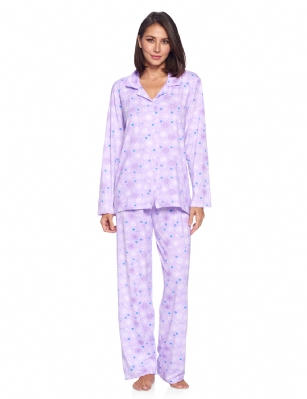 Casual Nights Women's Long Sleeve Rayon Button Down Pajama Set - Purple Snowflakes - Please use our size chart to determine which size will fit you best, if your measurements fall between two sizes we recommend ordering a larger size as most people prefer their sleepwear a little looser.Medium: Measures US Size 8-10, Chests/Bust 36-38" Large: Measures US Size 12-14, Chests/Bust 38.5-40" X-Large: Measures US Size 16-18, Chests/Bust 41.5-42" XX-Large: Measures US Size 18-20, Chests/Bust 43-45"Soft and lightweight Rayon Knit Pajamas in a fun prints and patterns, coziest pajamas you'll ever own. Features Button down closure with notch collar, matching easy pull on pajama pants with elastic waistband for added comfort, These pjs offer comfortable straight fit perfect for sleeping or curling up on the couch to watch a movie.