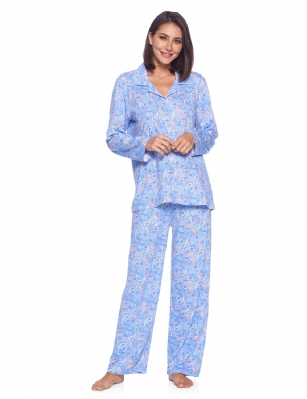 Casual Nights Women's Long Sleeve Rayon Button Down Pajama Set - Blue Paisley - Please use our size chart to determine which size will fit you best, if your measurements fall between two sizes we recommend ordering a larger size as most people prefer their sleepwear a little looser.Medium: Measures US Size 8-10, Chests/Bust 36-38" Large: Measures US Size 12-14, Chests/Bust 38.5-40" X-Large: Measures US Size 16-18, Chests/Bust 41.5-42" XX-Large: Measures US Size 18-20, Chests/Bust 43-45"Soft and lightweight Rayon Knit Pajamas in a fun prints and patterns, coziest pajamas you'll ever own. Features Button down closure with notch collar, matching easy pull on pajama pants with elastic waistband for added comfort, These pjs offer comfortable straight fit perfect for sleeping or curling up on the couch to watch a movie.