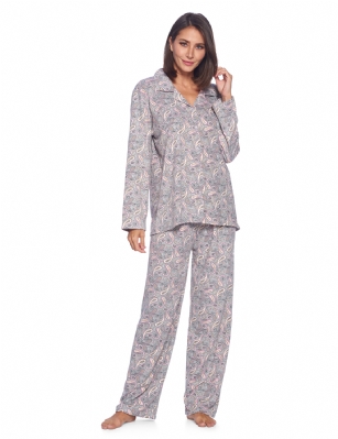 Casual Nights Women's Long Sleeve Rayon Button Down Pajama Set - Grey Paisley - Please use our size chart to determine which size will fit you best, if your measurements fall between two sizes we recommend ordering a larger size as most people prefer their sleepwear a little looser.Medium: Measures US Size 8-10, Chests/Bust 36-38" Large: Measures US Size 12-14, Chests/Bust 38.5-40" X-Large: Measures US Size 16-18, Chests/Bust 41.5-42" XX-Large: Measures US Size 18-20, Chests/Bust 43-45"Soft and lightweight Rayon Knit Pajamas in a fun prints and patterns, coziest pajamas you'll ever own. Features Button down closure with notch collar, matching easy pull on pajama pants with elastic waistband for added comfort, These pjs offer comfortable straight fit perfect for sleeping or curling up on the couch to watch a movie.