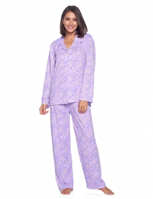 Casual Nights Women's Long Sleeve Rayon Button Down Pajama Set - Purple Paisley - Please use our size chart to determine which size will fit you best, if your measurements fall between two sizes we recommend ordering a larger size as most people prefer their sleepwear a little looser.Medium: Measures US Size 8-10, Chests/Bust 36-38" Large: Measures US Size 12-14, Chests/Bust 38.5-40" X-Large: Measures US Size 16-18, Chests/Bust 41.5-42" XX-Large: Measures US Size 18-20, Chests/Bust 43-45"Soft and lightweight Rayon Knit Pajamas in a fun prints and patterns, coziest pajamas you'll ever own. Features Button down closure with notch collar, matching easy pull on pajama pants with elastic waistband for added comfort, These pjs offer comfortable straight fit perfect for sleeping or curling up on the couch to watch a movie.