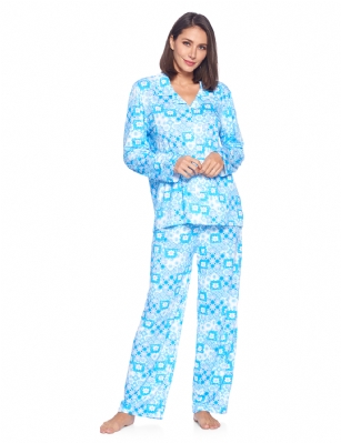 Casual Nights Women's Long Sleeve Rayon Button Down Pajama Set - Blue Flower - Please use our size chart to determine which size will fit you best, if your measurements fall between two sizes we recommend ordering a larger size as most people prefer their sleepwear a little looser.Medium: Measures US Size 8-10, Chests/Bust 36-38" Large: Measures US Size 12-14, Chests/Bust 38.5-40" X-Large: Measures US Size 16-18, Chests/Bust 41.5-42" XX-Large: Measures US Size 18-20, Chests/Bust 43-45"Soft and lightweight Rayon Knit Pajamas in a fun prints and patterns, coziest pajamas you'll ever own. Features Button down closure with notch collar, matching easy pull on pajama pants with elastic waistband for added comfort, These pjs offer comfortable straight fit perfect for sleeping or curling up on the couch to watch a movie.