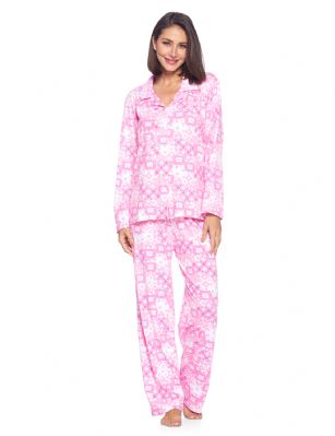 Casual Nights Women's Long Sleeve Rayon Button Down Pajama Set - Pink Flower - Please use our size chart to determine which size will fit you best, if your measurements fall between two sizes we recommend ordering a larger size as most people prefer their sleepwear a little looser.Medium: Measures US Size 8-10, Chests/Bust 36-38" Large: Measures US Size 12-14, Chests/Bust 38.5-40" X-Large: Measures US Size 16-18, Chests/Bust 41.5-42" XX-Large: Measures US Size 18-20, Chests/Bust 43-45"Soft and lightweight Rayon Knit Pajamas in a fun prints and patterns, coziest pajamas you'll ever own. Features Button down closure with notch collar, matching easy pull on pajama pants with elastic waistband for added comfort, These pjs offer comfortable straight fit perfect for sleeping or curling up on the couch to watch a movie.