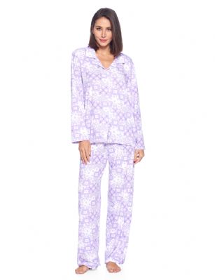 Casual Nights Women's Long Sleeve Rayon Button Down Pajama Set - Purple Flower - Please use our size chart to determine which size will fit you best, if your measurements fall between two sizes we recommend ordering a larger size as most people prefer their sleepwear a little looser.Medium: Measures US Size 8-10, Chests/Bust 36-38" Large: Measures US Size 12-14, Chests/Bust 38.5-40" X-Large: Measures US Size 16-18, Chests/Bust 41.5-42" XX-Large: Measures US Size 18-20, Chests/Bust 43-45"Soft and lightweight Rayon Knit Pajamas in a fun prints and patterns, coziest pajamas you'll ever own. Features Button down closure with notch collar, matching easy pull on pajama pants with elastic waistband for added comfort, These pjs offer comfortable straight fit perfect for sleeping or curling up on the couch to watch a movie.