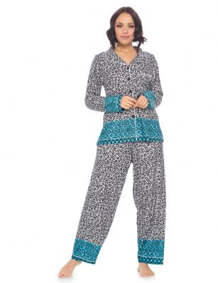 Casual Nights Women's Rayon Printed Long Sleeve Soft Pajama Set - Aqua Leopard - Soft and lightweight Rayon Knit Pajamas in a fun prints and patterns, coziest pajamas you'll ever own. Features Button down closure with notch collar, matching easy pull on pajama pants with elastic waistband for added comfort, These pj's offer comfortable straight fit perfect for sleeping or curling up on the couch to watch a movie.Please use our size chart to determine which size will fit you best, if your measurements fall between two sizes we recommend ordering a larger size as most people prefer their sleepwear a little looser.Medium: Measures US Size 8-10, Chests/Bust 3''-38" Large: Measures US Size 12-14, Chests/Bust 38.5"-40"X-Large: Measures US Size 16-18, Chests/Bust 41.5"-42XX-Large: Measures US Size 18-20, Chests/Bust 43"-45" 