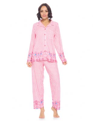 Casual Nights Women's Rayon Printed Long Sleeve Soft Pajama Set - Pink Border - Soft and lightweight Rayon Knit Pajamas in a fun prints and patterns, coziest pajamas you'll ever own. Features Button down closure with notch collar, matching easy pull on pajama pants with elastic waistband for added comfort, These pj's offer comfortable straight fit perfect for sleeping or curling up on the couch to watch a movie.Please use our size chart to determine which size will fit you best, if your measurements fall between two sizes we recommend ordering a larger size as most people prefer their sleepwear a little looser.Medium: Measures US Size 8-10, Chests/Bust 3''-38" Large: Measures US Size 12-14, Chests/Bust 38.5"-40"X-Large: Measures US Size 16-18, Chests/Bust 41.5"-42XX-Large: Measures US Size 18-20, Chests/Bust 43"-45" 