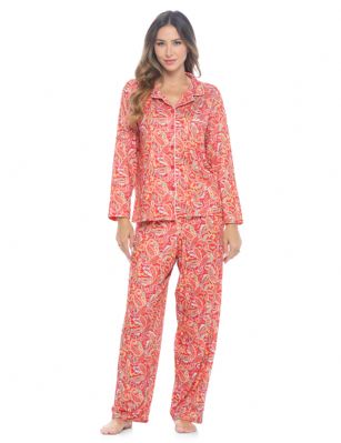 Casual Nights Women's Rayon Printed Long Sleeve Soft Pajama Set - Coral Red Paisley - Soft and lightweight Rayon Knit Pajamas in a fun prints and patterns, coziest pajamas you'll ever own. Features Button down closure with notch collar, matching easy pull on pajama pants with elastic waistband for added comfort, These pj's offer comfortable straight fit perfect for sleeping or curling up on the couch to watch a movie.Please use our size chart to determine which size will fit you best, if your measurements fall between two sizes we recommend ordering a larger size as most people prefer their sleepwear a little looser.Medium: Measures US Size 8-10, Chests/Bust 3''-38" Large: Measures US Size 12-14, Chests/Bust 38.5"-40"X-Large: Measures US Size 16-18, Chests/Bust 41.5"-42XX-Large: Measures US Size 18-20, Chests/Bust 43"-45" 
