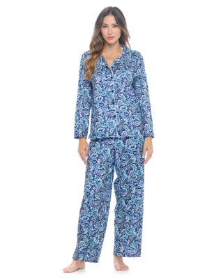 Casual Nights Women's Rayon Printed Long Sleeve Soft Pajama Set - Navy Blue Paisley - Soft and lightweight Rayon Knit Pajamas in a fun prints and patterns, coziest pajamas you'll ever own. Features Button down closure with notch collar, matching easy pull on pajama pants with elastic waistband for added comfort, These pj's offer comfortable straight fit perfect for sleeping or curling up on the couch to watch a movie.Please use our size chart to determine which size will fit you best, if your measurements fall between two sizes we recommend ordering a larger size as most people prefer their sleepwear a little looser.Medium: Measures US Size 8-10, Chests/Bust 3''-38" Large: Measures US Size 12-14, Chests/Bust 38.5"-40"X-Large: Measures US Size 16-18, Chests/Bust 41.5"-42XX-Large: Measures US Size 18-20, Chests/Bust 43"-45" 