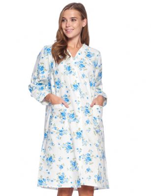 Casual Nights Women's Floral Snap Front Flannel Duster Long Sleeve Lounger Dress - White Blue Floral - Use Our size chart to determine your size, we recommend ordering a larger size for a more relaxed fit, ALLOW SHRINKAGE, Size Medium (2-4) Large (6-8) X-Large (10-12) XX-Large (14-16) XXX-Large (16-18) Lounge at ease in this Casual Nights Flannel Lounger House Dress for Women, designed with a comfortable loose fit style. The Duster Gown features: Long sleeves. V neck with stitching detail. Easy 6 full front snap down closure making it very easy to put on and take off. 2 Large handy patch pockets. Waltz knee length, Length Measures approx. 40 inches. The Casual Nights Modest Lounge robe, is made with durable ultra-soft 100% Cotton fabric, designed to give you that soft and warm touch that feels great against skin. This Ladies house gown Is the perfect choice for new moms lounging around the house in comfort using it as a cover up, in rehab, hospital robe for moms to be or surgery recovery. Makes an Excellent Holiday Gift idea for any special women in your life, for any special occasions such as; Mothers Day, Christmas, or Birthdays! She will sure love it!!!