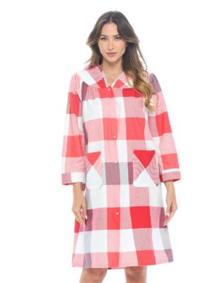 Casual Nights Women's Floral Snap Front Flannel Duster Long Sleeve Lounger Dress - Red Plaid - Use Our size chart to determine your size, we recommend ordering a larger size for a more relaxed fit, ALLOW SHRINKAGE, Size Medium (2-4) Large (6-8) X-Large (10-12) XX-Large (14-16) XXX-Large (16-18) Lounge at ease in this Casual Nights Flannel Lounger House Dress for Women, designed with a comfortable loose fit style. The Duster Gown features: Long sleeves. V neck with stitching detail. Easy 6 full front snap down closure making it very easy to put on and take off. 2 Large handy patch pockets. Waltz knee length, Length Measures approx. 40 inches. The Casual Nights Modest Lounge robe, is made with durable ultra-soft 100% Cotton fabric, designed to give you that soft and warm touch that feels great against skin. This Ladies house gown Is the perfect choice for new moms lounging around the house in comfort using it as a cover up, in rehab, hospital robe for moms to be or surgery recovery. Makes an Excellent Holiday Gift idea for any special women in your life, for any special occasions such as; Mothers Day, Christmas, or Birthdays! She will sure love it!!