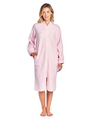 Casual Nights Women's Zip Up Front Long Fleece Robe House Dress - Pink - This cozy warm Zipper Front Fleece Robe from Casual Nights, Exceptionally lightweight bathrobe made from poly fleece smooth to the touch fabric. Housecoat features; Raglan style long sleeves, piping trim, flower embroidery appliques, front zip closure measures 28.5" inches makes the shower robe easy to wear. Measures approx. 44" from shoulder to hem. Perfect for spas, shower houses, dorms, pools, gyms, bathrooms, lounging, changing and more. Excellent Gift Idea.