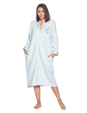 Casual Nights Women's Quilted Long Sleeve Zip Up House Dress Robe - Blue - This cozy warm and comfortable House coat with Full zipper front closure Duster for ladies from the Casual Nights Loungewear and Sleepwear robes Collection, Soft and lightweight house robe, in beautiful feminine floral & Solid print pattern designs. this easy to wear bathrobe is made of 65% Poly / 35% Cotton quilted fabric, non- irritating and feels soft against the skin, perfect for spring, summer and all year round! The sleep dresscoat Features: Long sleeves gown with easy full zip up front closure that eliminates difficulty when slipping on and off, flattering V-neck with shiny satin trim detail, Embroidered flowers, 2 roomy side seam pockets, Mid-Calf length 44 Shoulder to hem. This lounge wear muumuu dress has a relaxed comfortable fit and comes in regular and plus sizes S, M, L, XL, 2X. All year winter and summer versatile multi uses, throw over your clothes as house robe while cleaning, washing and cooking, wear around the house as relaxed home day waltz dress, a nightgown to sleep in the cold winter nights as a sleepshirt dress, lounging around at the spa, Our sleep robe gowns is perfect to use for maternity, labor/delivery, hospital gown. Makes a perfect Mothers Day gift for your loved ones, mom, older women or elderly grandmother. Even beautiful enough for outside shopping and walking, comfortable enough for everyday use around the house.  