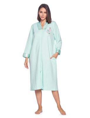 Casual Nights Women's Quilted Long Sleeve Zip Up House Dress Robe - Green - This cozy warm and comfortable House coat with Full zipper front closure Duster for ladies from the Casual Nights Loungewear and Sleepwear robes Collection, Soft and lightweight house robe, in beautiful feminine floral & Solid print pattern designs. this easy to wear bathrobe is made of 65% Poly / 35% Cotton quilted fabric, non- irritating and feels soft against the skin, perfect for spring, summer and all year round! The sleep dresscoat Features: Long sleeves gown with easy full zip up front closure that eliminates difficulty when slipping on and off, flattering V-neck with shiny satin trim detail, Embroidered flowers, 2 roomy side seam pockets, Mid-Calf length 44 Shoulder to hem. This lounge wear muumuu dress has a relaxed comfortable fit and comes in regular and plus sizes S, M, L, XL, 2X. All year winter and summer versatile multi uses, throw over your clothes as house robe while cleaning, washing and cooking, wear around the house as relaxed home day waltz dress, a nightgown to sleep in the cold winter nights as a sleepshirt dress, lounging around at the spa, Our sleep robe gowns is perfect to use for maternity, labor/delivery, hospital gown. Makes a perfect Mothers Day gift for your loved ones, mom, older women or elderly grandmother. Even beautiful enough for outside shopping and walking, comfortable enough for everyday use around the house.  