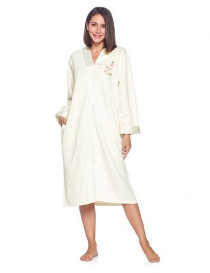 Casual Nights Women's Quilted Long Sleeve Zip Up House Dress Robe - Ivory - This cozy warm and comfortable House coat with Full zipper front closure Duster for ladies from the Casual Nights Loungewear and Sleepwear robes Collection, Soft and lightweight house robe, in beautiful feminine floral & Solid print pattern designs. this easy to wear bathrobe is made of 65% Poly / 35% Cotton quilted fabric, non- irritating and feels soft against the skin, perfect for spring, summer and all year round! The sleep dresscoat Features: Long sleeves gown with easy full zip up front closure that eliminates difficulty when slipping on and off, flattering V-neck with shiny satin trim detail, Embroidered flowers, 2 roomy side seam pockets, Mid-Calf length 44 Shoulder to hem. This lounge wear muumuu dress has a relaxed comfortable fit and comes in regular and plus sizes S, M, L, XL, 2X. All year winter and summer versatile multi uses, throw over your clothes as house robe while cleaning, washing and cooking, wear around the house as relaxed home day waltz dress, a nightgown to sleep in the cold winter nights as a sleepshirt dress, lounging around at the spa, Our sleep robe gowns is perfect to use for maternity, labor/delivery, hospital gown. Makes a perfect Mothers Day gift for your loved ones, mom, older women or elderly grandmother. Even beautiful enough for outside shopping and walking, comfortable enough for everyday use around the house.  