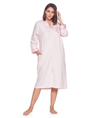 Casual Nights Women's Quilted Long Sleeve Zip Up House Dress Robe - Pink - This cozy warm and comfortable House coat with Full zipper front closure Duster for ladies from the Casual Nights Loungewear and Sleepwear robes Collection, Soft and lightweight house robe, in beautiful feminine floral & Solid print pattern designs. this easy to wear bathrobe is made of 65% Poly / 35% Cotton quilted fabric, non- irritating and feels soft against the skin, perfect for spring, summer and all year round! The sleep dresscoat Features: Long sleeves gown with easy full zip up front closure that eliminates difficulty when slipping on and off, flattering V-neck with shiny satin trim detail, Embroidered flowers, 2 roomy side seam pockets, Mid-Calf length 44 Shoulder to hem. This lounge wear muumuu dress has a relaxed comfortable fit and comes in regular and plus sizes S, M, L, XL, 2X. All year winter and summer versatile multi uses, throw over your clothes as house robe while cleaning, washing and cooking, wear around the house as relaxed home day waltz dress, a nightgown to sleep in the cold winter nights as a sleepshirt dress, lounging around at the spa, Our sleep robe gowns is perfect to use for maternity, labor/delivery, hospital gown. Makes a perfect Mothers Day gift for your loved ones, mom, older women or elderly grandmother. Even beautiful enough for outside shopping and walking, comfortable enough for everyday use around the house.  