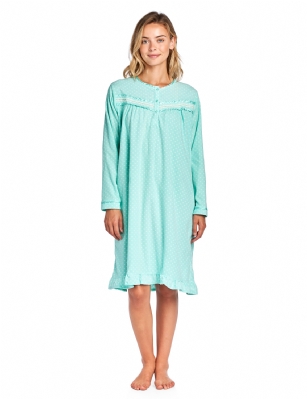 Casual Nights Women's Long Sleeve Micro Fleece Cozy Night Gown - Green - Hit the sack in total comfort with this Soft and lightweight Micro Fleece Gownin a funpatterns, Features3 Button closure,Long sleeves,detailed with lace, Sating Ribbon and flounced hemfor an extra feminine touch. A comfortable fit perfect for sleeping or lounging around.