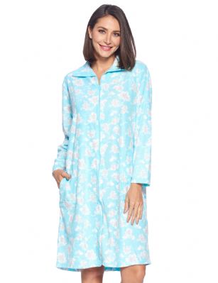 Casual Nights Women's Printed  Zipper Front Micro Fleece Robe Duster - Teal Blue Floral - This lightweight Cute and comfortable House coat with easy zipper front closure Duster for ladies from the Casual Nights Loungewear and Sleepwear robes Collection, Thin fleece and light house robe, in beautiful feminine floral and paisley print pattern designs. this easy to wear bathrobe is made of 100% Poly Micro Fleece fabric, perfect for change of season, and cold winter nights! The sleep dresscoat Features: Long sleeves with full zip front closure for easy wearing and easy slipping on/off, cozy zip up neck, 2 roomy side hand pockets, knee length approx. 40 Shoulder to hem. This lounge wear muumuu dress has a relaxed comfortable fit and comes in regular and plus sizes M, L, XL, 2X, 3X. All year winter and summer versatile multi uses, throw over your clothes as house robe while cleaning, washing and cooking, wear around the house as relaxed home day waltz dress, a nightgown to sleep in the winter and cold nights as a sleepshirt dress, Our sleep robe gowns is perfect to use for maternity, labor/delivery, hospital gown. Makes a perfect Mothers Day gift for your special loved ones, mom, older women or elderly grandmother. Even beautiful and comfortable enough for everyday use around the house. Please use our size chart to determine which size will fit you best, if your measurements fall between two sizes, we recommend ordering a larger size as most people prefer their sleepwear a little looser.
