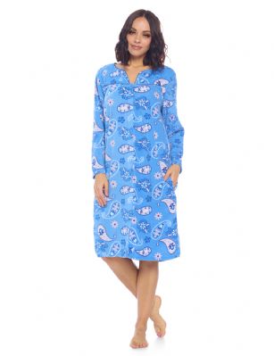 Casual Nights Women's Printed Fleece Snap-Front Lounger House Dress - #9 Mid Blue Paisley - Please use this size chart to determine which size will fit you best, if your measurements fall between two sizes we recommend ordering a larger size as most people prefer their sleepwear a little looser. Medium: Measures US Size 68, Chests/Bust 35-36" Large: Measures US Size 10-12, Chests/Bust 37-38" X-Large: Measures US Size 12-14, Chests/Bust 38.5-41" XX-Large: Measures US Size 16-18, Chests/Bust 41.5-44" XXX-Large: Measures US Size 18-20, Chests/Bust 44.5-46"This Long Sleeve Housecoat Duster from Casual Nights Lounge and Sleepwear Collection, designed in pretty prints 7 patterns. Features: 100% Polyester cozy Fleece constructions, V-neckline, Piping trim, 2 handy pockets, the perfect knee approx. 41 length, easy snap front closure sets this muumuu lounger apart from the rest, youll love slipping it on and feel comfortable to wear around the house as day dress or to sleep in.