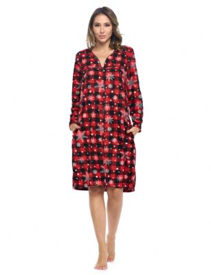 Casual Nights Women's Printed Fleece Snap-Front Lounger House Dress - #1 Red Buffalo Snowflake - Please use this size chart to determine which size will fit you best, if your measurements fall between two sizes we recommend ordering a larger size as most people prefer their sleepwear a little looser. Medium: Measures US Size 68, Chests/Bust 35-36" Large: Measures US Size 10-12, Chests/Bust 37-38" X-Large: Measures US Size 12-14, Chests/Bust 38.5-41" XX-Large: Measures US Size 16-18, Chests/Bust 41.5-44" XXX-Large: Measures US Size 18-20, Chests/Bust 44.5-46"This Long Sleeve Housecoat Duster from Casual Nights Lounge and Sleepwear Collection, designed in pretty prints 7 patterns. Features: 100% Polyester cozy Fleece constructions, V-neckline, Piping trim, 2 handy pockets, the perfect knee approx. 41 length, easy snap front closure sets this muumuu lounger apart from the rest, youll love slipping it on and feel comfortable to wear around the house as day dress or to sleep in.