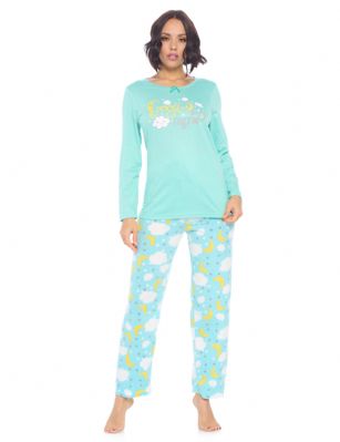 Casual Nights Women's Jersey Knit Long-Sleeve Top and Mircro Fleece Bottom Pajama Set - #7 Agua Moonlight Sparkle - Please use this size chart to determine which size will fit you best, if your measurements fall between two sizes we recommend ordering a larger size as most people prefer their sleepwear a little looser. Medium: Measures US Size 68, Chests/Bust 35-36" Large: Measures US Size 10-12, Chests/Bust 37-38" X-Large: Measures US Size 12-14, Chests/Bust 38.5-41" XX-Large: Measures US Size 16-18, Chests/Bust 41.5-44" XXX-Large: Measures US Size 18-20, Chests/Bust 44.5-46"This Knit Top & Micro Fleece PJs Set for ladies from the Casual Nights Loungewear and Sleepwear Collection Designed in Adorable and fun screen prints & patterns. Sleep Tee shirt is made from ultra-soft 55% Cotton 45% Polyester. While the Sleep Pants is made of 100% Poly MicroFleece material. It'll keep you warm and comfortable during the cold winter days yet stylish at the same time. Features a Long sleeve pull over Crew Neckline with satin bow-tie at neck, Coordinating Fleece Pajama pant features; Elasticized waist and drawstring bow tie closure for added comfort and easy pull on, approx 29-30" inseam. This Two-piece comfort sleepwear PJ set is perfect for sleeping or lounging around the House. Soft to touch feels great against skin, you will not want to get them off! Makes a thoughtful gift for girl pajama party, teen birthdays, Mother's Day, Christmas holiday and any other special occasions!.