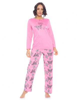 Casual Nights Women's Jersey Knit Long-Sleeve Top and Mircro Fleece Bottom Pajama Set - #8 Fuschia Butterfly - Please use this size chart to determine which size will fit you best, if your measurements fall between two sizes we recommend ordering a larger size as most people prefer their sleepwear a little looser. Medium: Measures US Size 68, Chests/Bust 35-36" Large: Measures US Size 10-12, Chests/Bust 37-38" X-Large: Measures US Size 12-14, Chests/Bust 38.5-41" XX-Large: Measures US Size 16-18, Chests/Bust 41.5-44" XXX-Large: Measures US Size 18-20, Chests/Bust 44.5-46"This Knit Top & Micro Fleece PJs Set for ladies from the Casual Nights Loungewear and Sleepwear Collection Designed in Adorable and fun screen prints & patterns. Sleep Tee shirt is made from ultra-soft 55% Cotton 45% Polyester. While the Sleep Pants is made of 100% Poly MicroFleece material. It'll keep you warm and comfortable during the cold winter days yet stylish at the same time. Features a Long sleeve pull over Crew Neckline with satin bow-tie at neck, Coordinating Fleece Pajama pant features; Elasticized waist and drawstring bow tie closure for added comfort and easy pull on, approx 29-30" inseam. This Two-piece comfort sleepwear PJ set is perfect for sleeping or lounging around the House. Soft to touch feels great against skin, you will not want to get them off! Makes a thoughtful gift for girl pajama party, teen birthdays, Mother's Day, Christmas holiday and any other special occasions!.