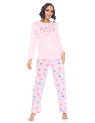 Casual Nights Women's Jersey Knit Long-Sleeve Top and Mircro Fleece Bottom Pajama Set - #5 Pink Snowflake Heart - Please use this size chart to determine which size will fit you best, if your measurements fall between two sizes we recommend ordering a larger size as most people prefer their sleepwear a little looser. Medium: Measures US Size 68, Chests/Bust 35-36" Large: Measures US Size 10-12, Chests/Bust 37-38" X-Large: Measures US Size 12-14, Chests/Bust 38.5-41" XX-Large: Measures US Size 16-18, Chests/Bust 41.5-44" XXX-Large: Measures US Size 18-20, Chests/Bust 44.5-46"This Knit Top & Micro Fleece PJs Set for ladies from the Casual Nights Loungewear and Sleepwear Collection Designed in Adorable and fun screen prints & patterns. Sleep Tee shirt is made from ultra-soft 55% Cotton 45% Polyester. While the Sleep Pants is made of 100% Poly MicroFleece material. It'll keep you warm and comfortable during the cold winter days yet stylish at the same time. Features a Long sleeve pull over Crew Neckline with satin bow-tie at neck, Coordinating Fleece Pajama pant features; Elasticized waist and drawstring bow tie closure for added comfort and easy pull on, approx 29-30" inseam. This Two-piece comfort sleepwear PJ set is perfect for sleeping or lounging around the House. Soft to touch feels great against skin, you will not want to get them off! Makes a thoughtful gift for girl pajama party, teen birthdays, Mother's Day, Christmas holiday and any other special occasions!.